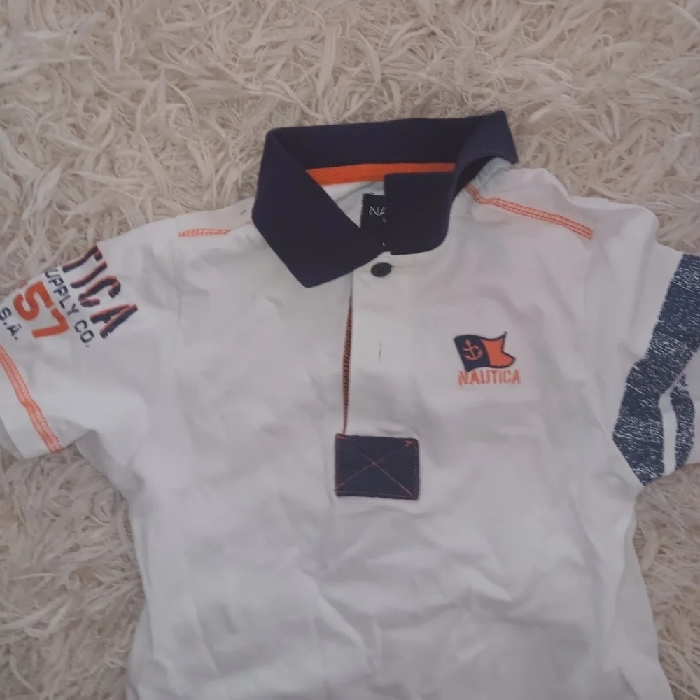 Nautica Pique Polo Shirt Boys Size 7 Short Sleeve Navy, Orange & Collar Shirt